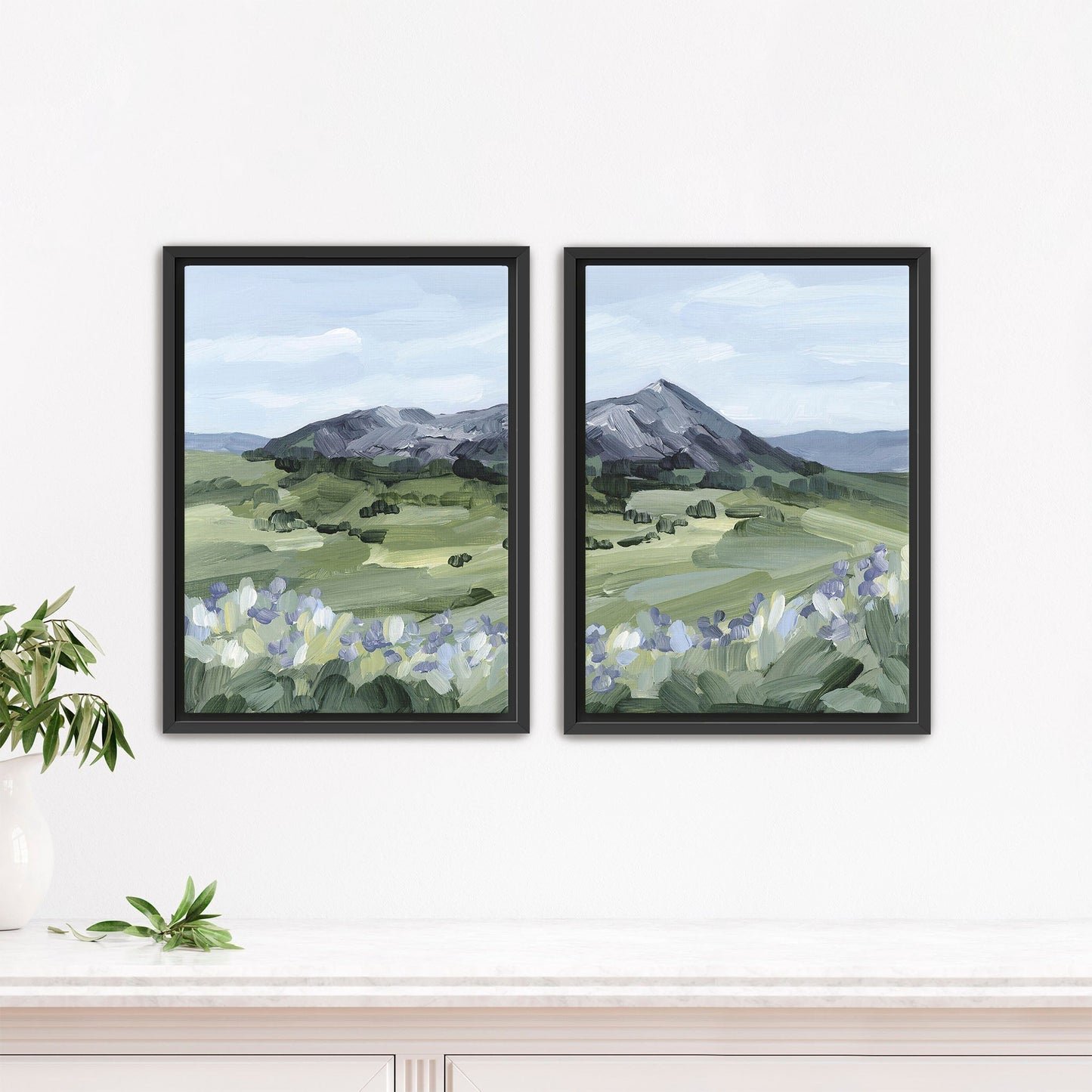 ’Summer Mountain’ Diptych Art Print || Set of 2 - Stretched Canvas / 8x10 in / Black Frame - abstract - Artwork