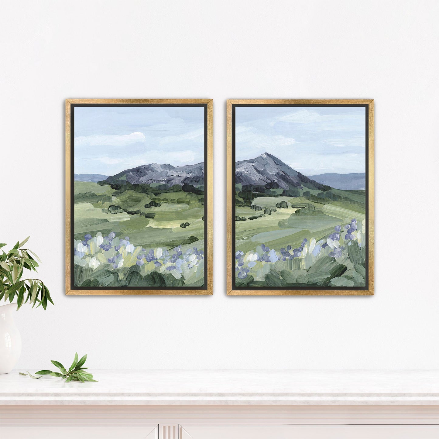 ’Summer Mountain’ Diptych Art Print || Set of 2 - Stretched Canvas / 8x10 in / Gold Frame