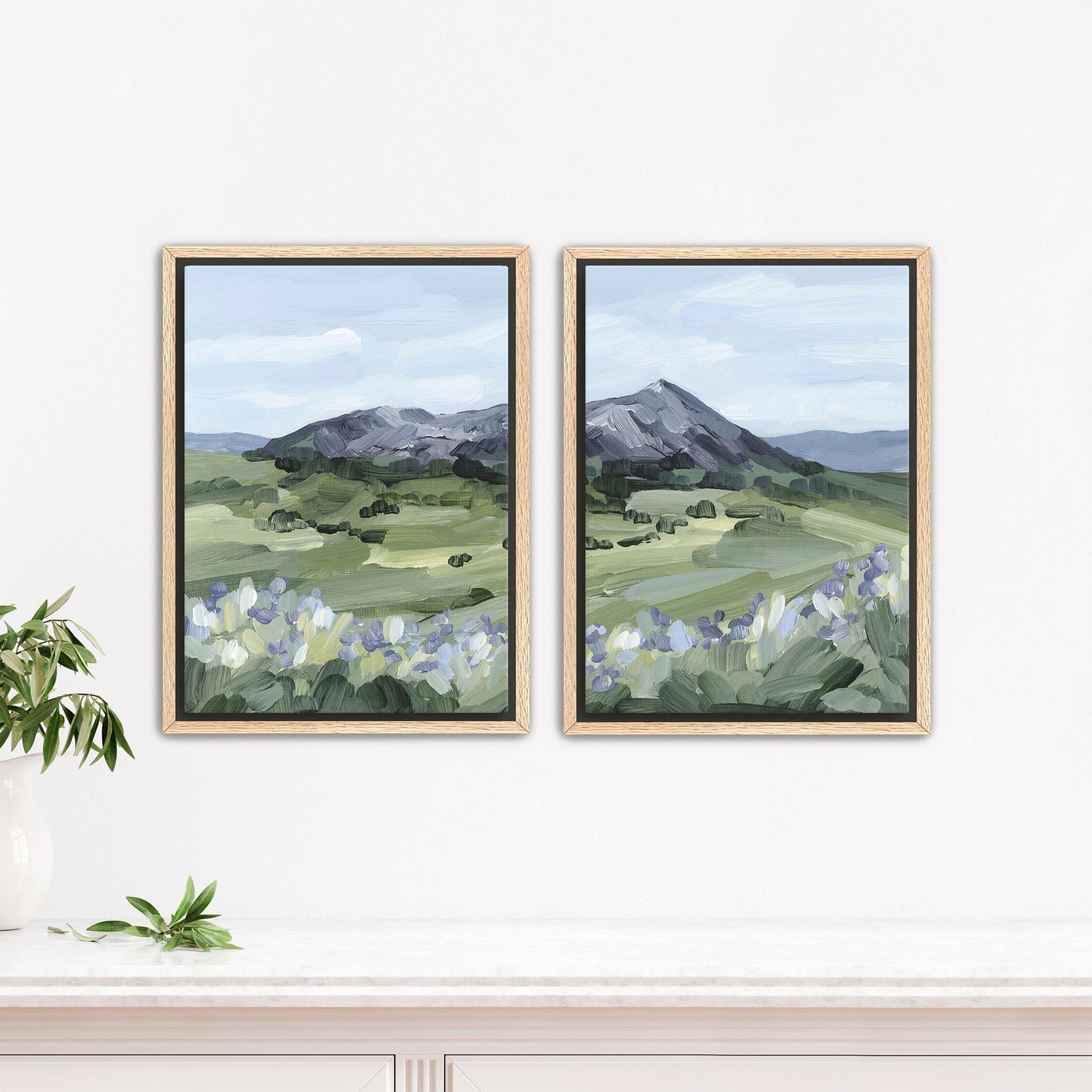 ’Summer Mountain’ Diptych Art Print || Set of 2 - Stretched Canvas / 8x10 in / Oak Frame - abstract - Artwork