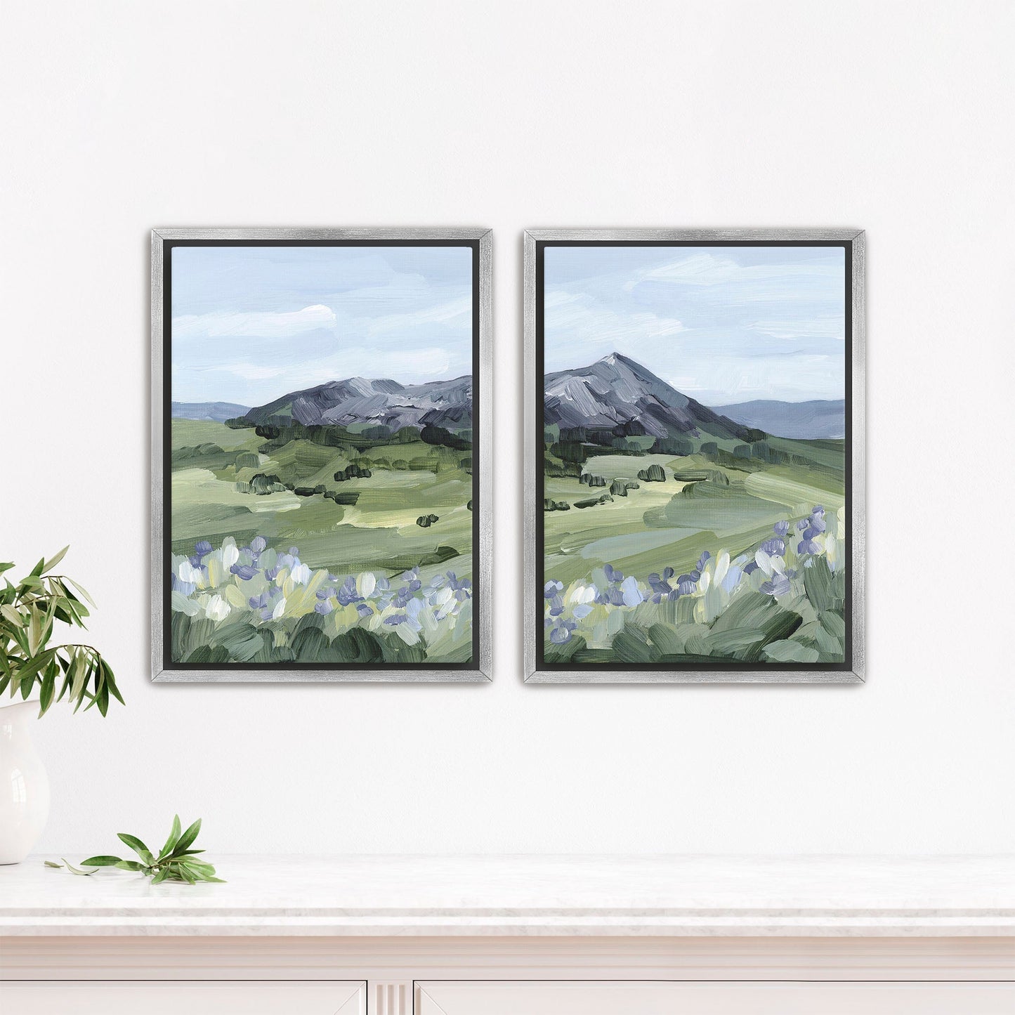 ’Summer Mountain’ Diptych Art Print || Set of 2 - Stretched Canvas / 8x10 in / Silver Frame - abstract - Artwork