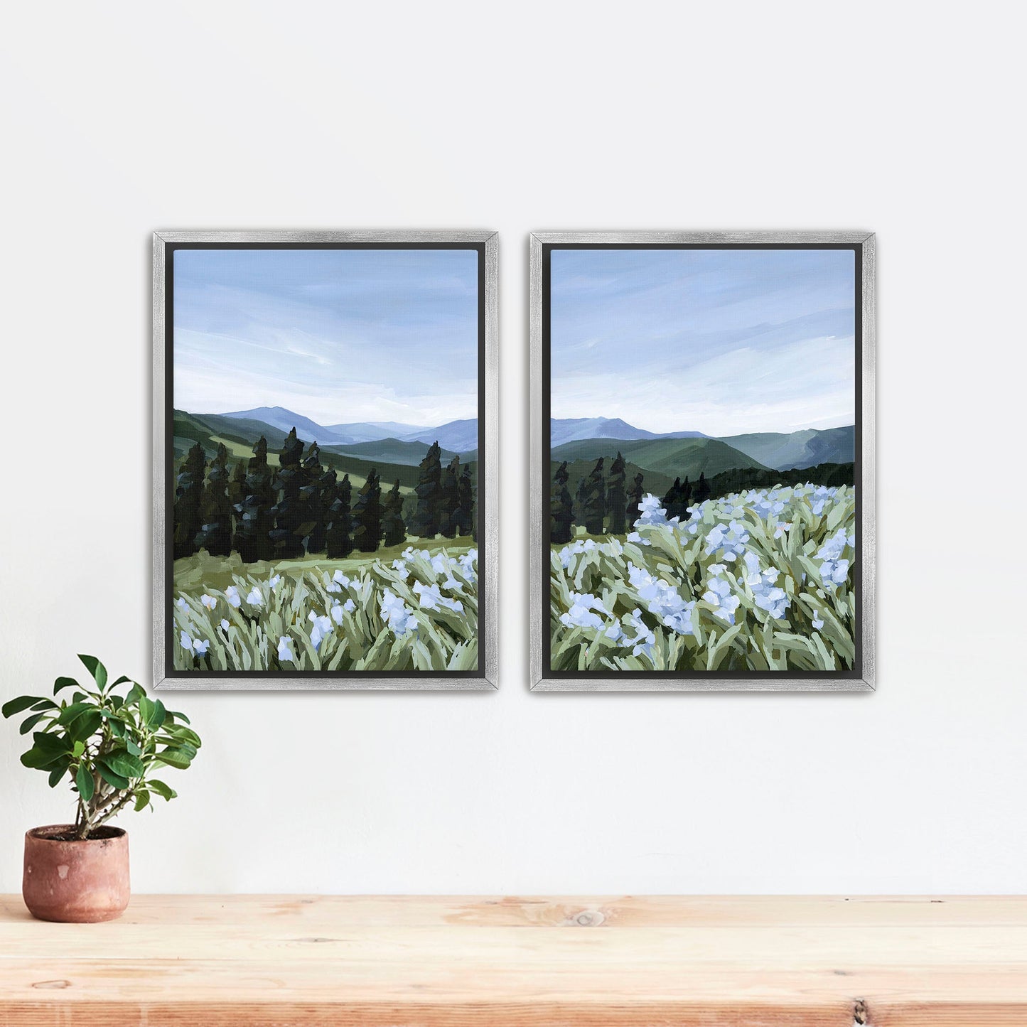 ’The Scent of Pine’ Diptych Art Print || Set 2 - Stretched Canvas / 8x10 in / Silver Frame - abstract - Artwork