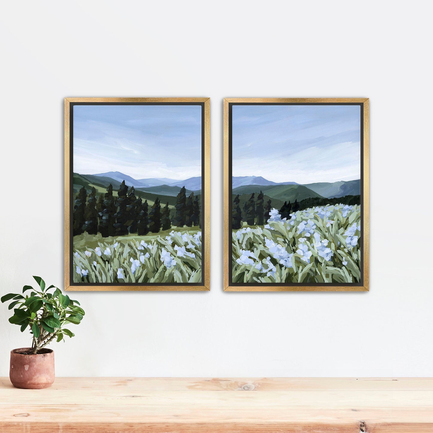 ’The Scent of Pine’ Diptych Art Print || Set 2 - Stretched Canvas / 8x10 in / Gold Frame - abstract - Artwork - Colorado