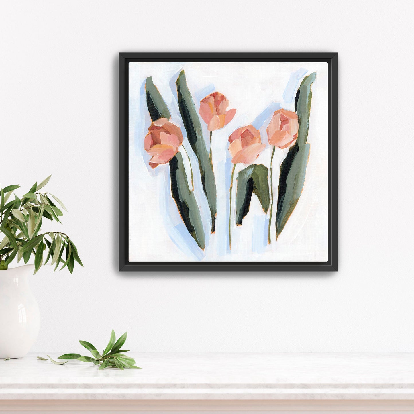 ’Tulip Dance’ Art Print - Stretched Canvas / 12x12 in / Black Frame - Flower Still Life Wall - Artwork - botanical