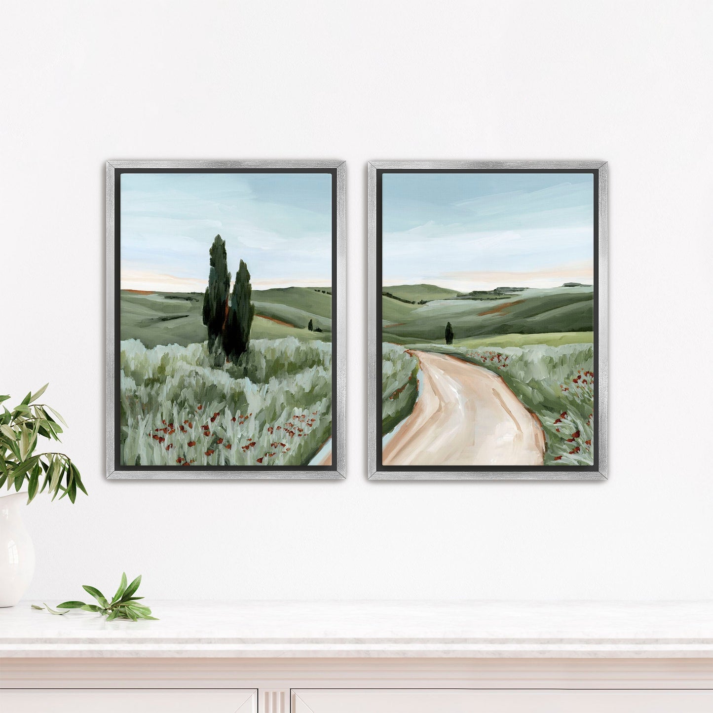 ’Tuscan Trail’ Diptych Art Print || Set of 2 - Stretched Canvas / 8x10 in / Silver Frame - abstract - Artwork - Europe