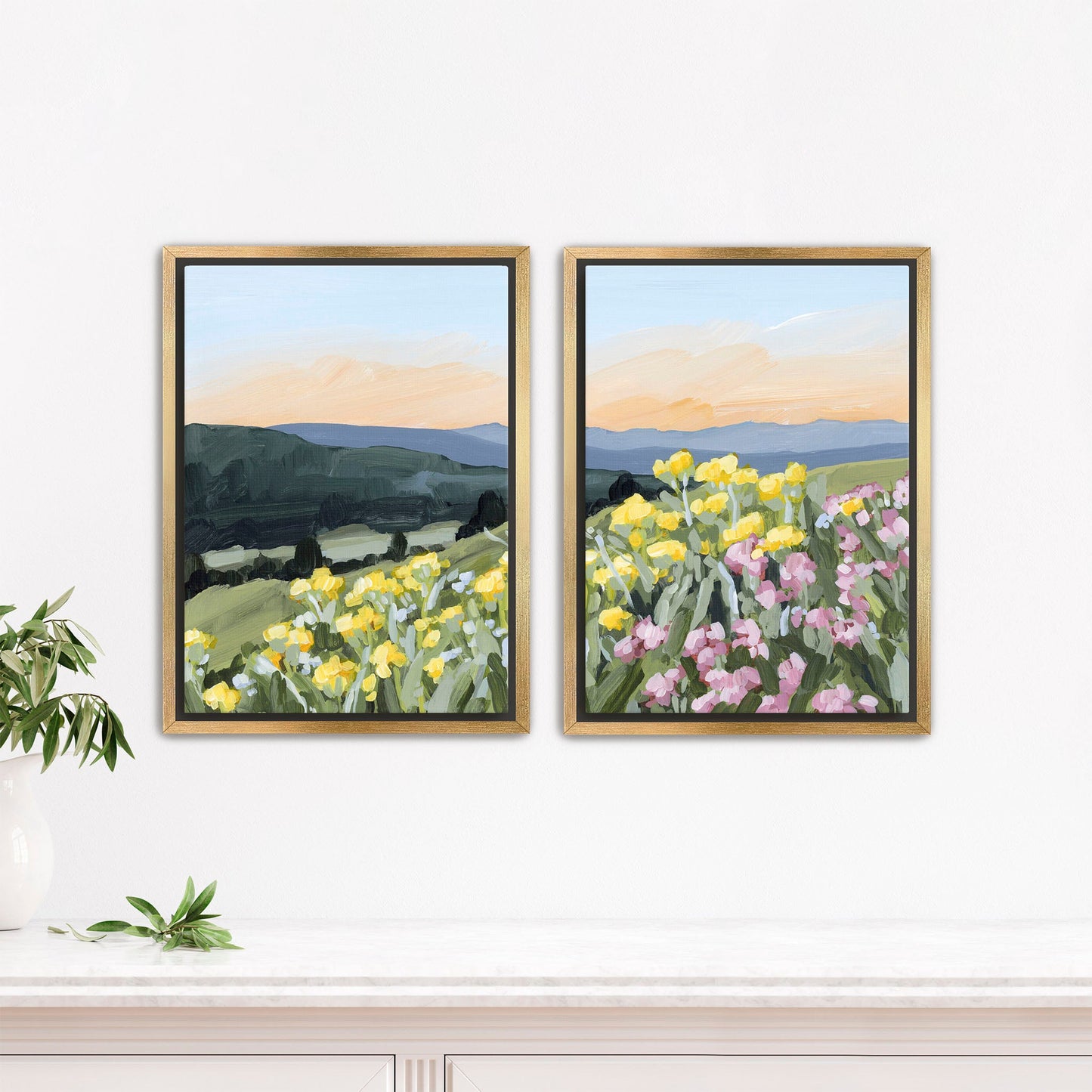 ’Wasatch Wildflowers’ Diptych Art Print || Set of 2 - Stretched Canvas / 8x10 in / Gold Frame - abstract - Artwork