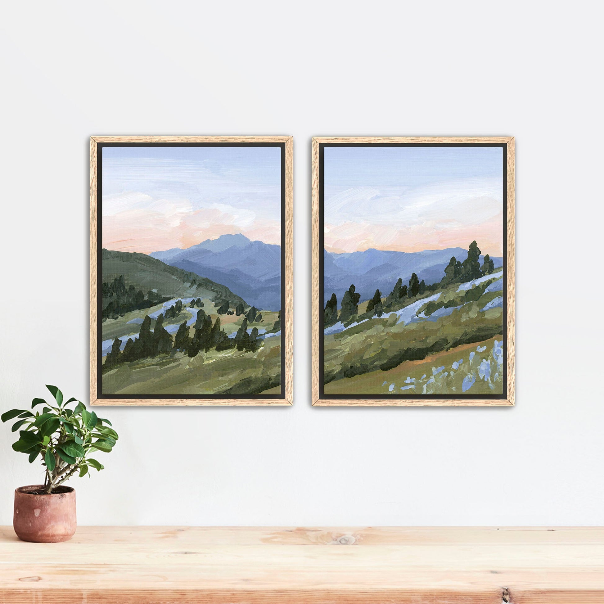 ’Western Edge’ Diptych Art Print || Set of 2 - Stretched Canvas / 8x10 in / Oak Frame - abstract - Artwork - Flower