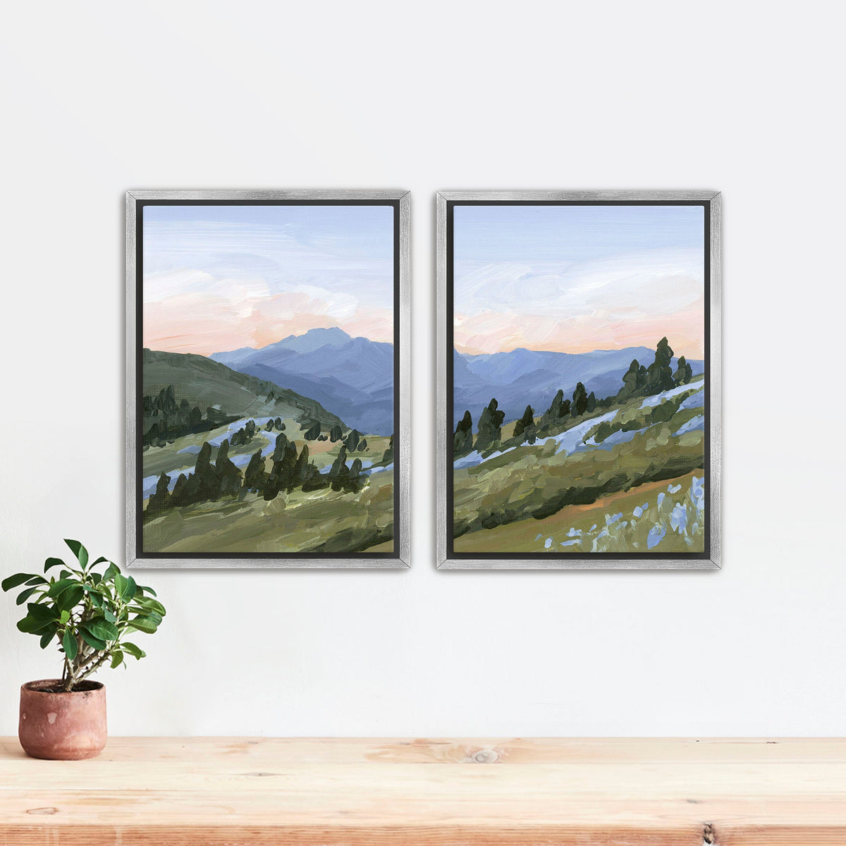 ’Western Edge’ Diptych Art Print || Set of 2 - Stretched Canvas / 8x10 in / Silver Frame - abstract - Artwork - Flower