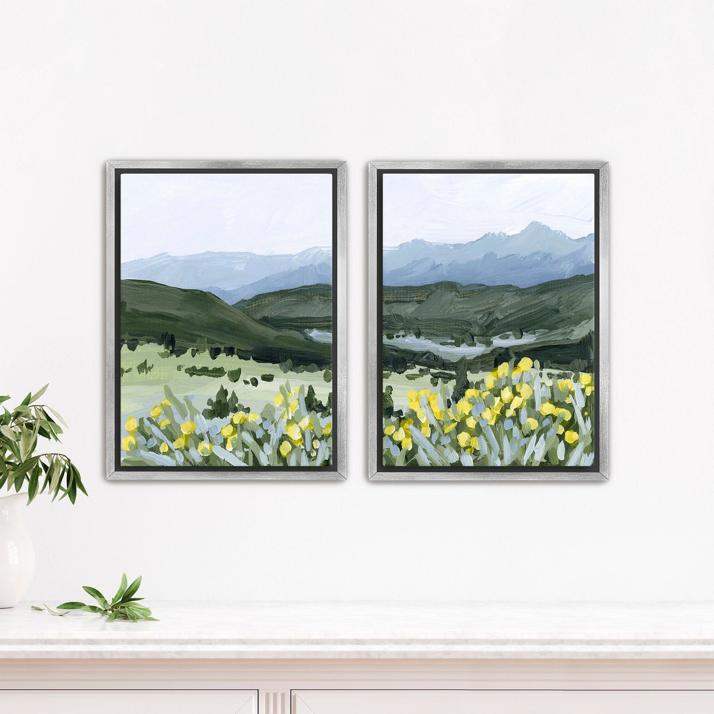 ’Wildflower Hike’ Diptych Art Print || Set of 2 - Stretched Canvas / 8x10 in / Silver Frame - abstract - Artwork