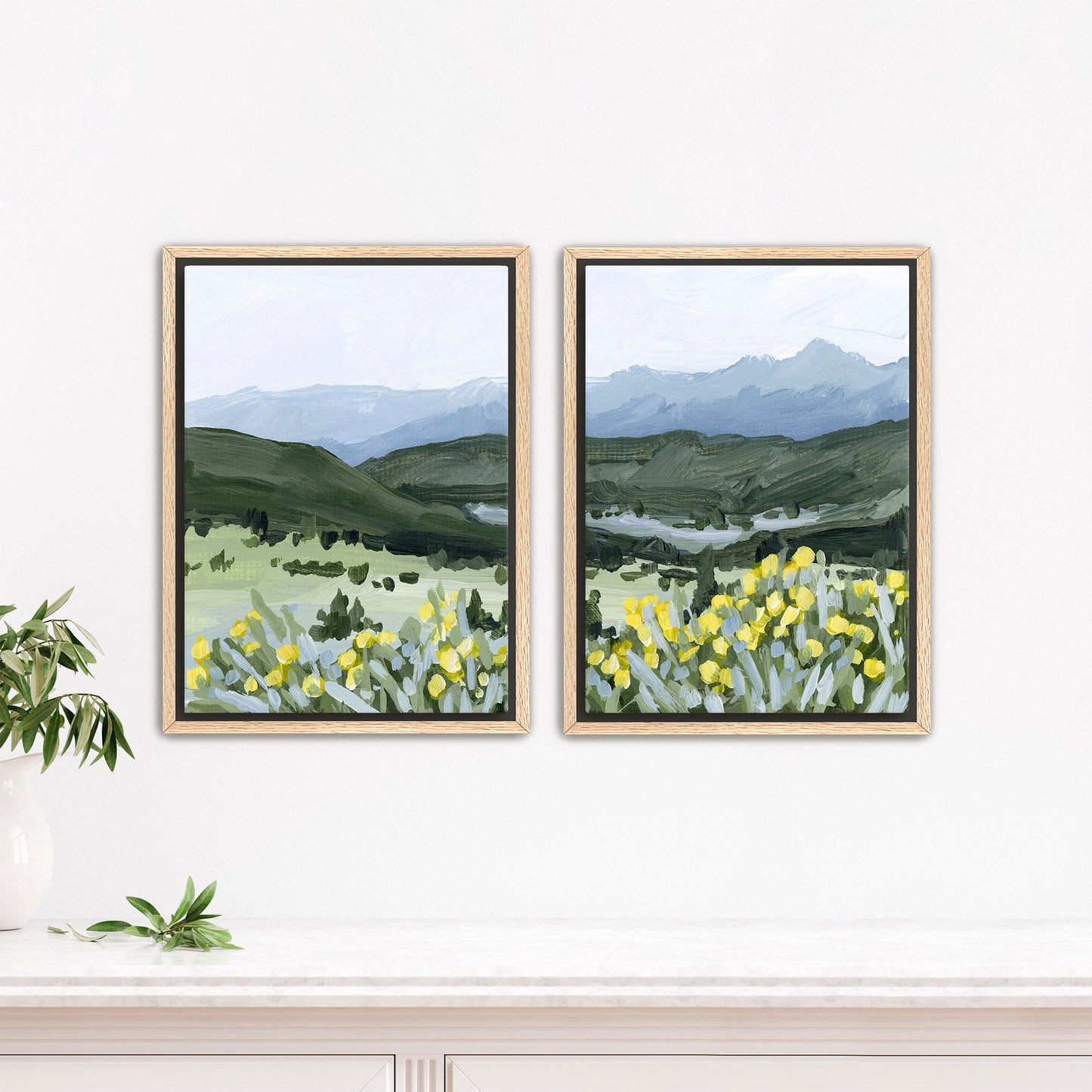 ’Wildflower Hike’ Diptych Art Print || Set of 2 - Stretched Canvas / 8x10 in / Oak Frame - abstract - Artwork